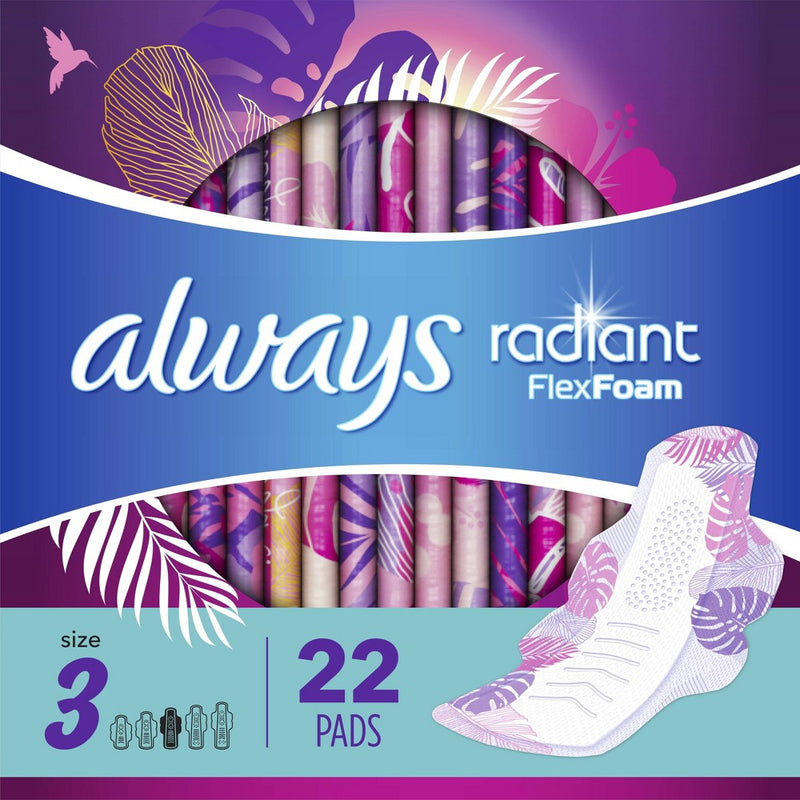 Always Radiant Extra Heavy Flow Absorbency With Flex Foam Pads - Scented - Size 3 - 22ct