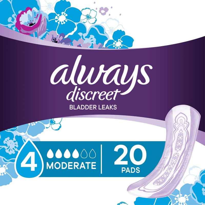 Always Discreet Incontinence & Postpartum Pads for Women - Moderate Absorbency - Size 4 - 20ct