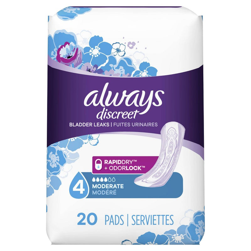 Always Discreet Incontinence & Postpartum Pads for Women - Moderate Absorbency - Size 4 - 20ct