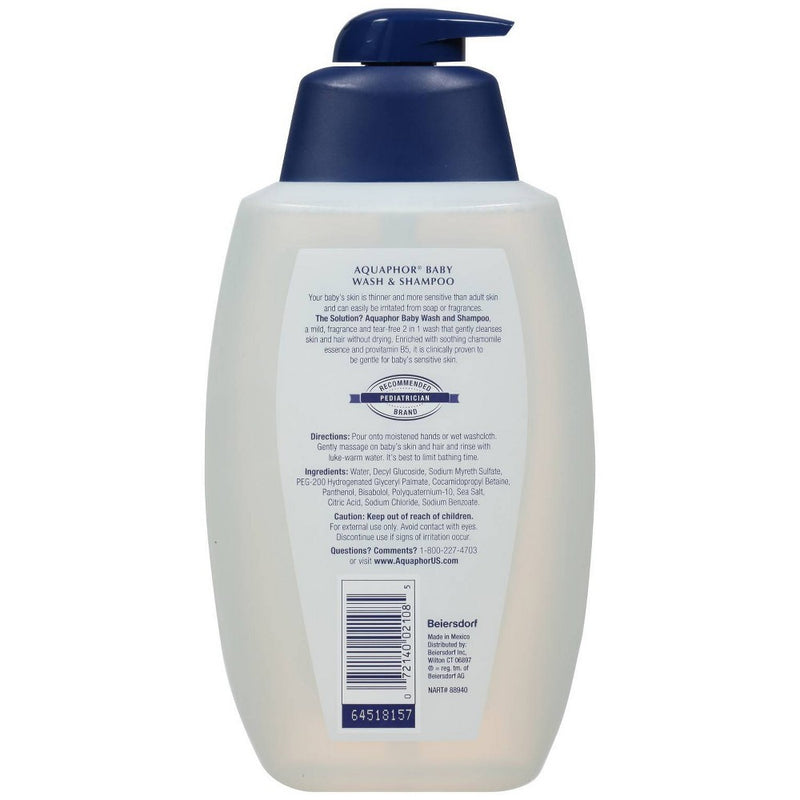 Aquaphor Baby Wash and Shampoo - Tear-free and Mild for Sensitive Skin - 24.5oz. Pump Bottle