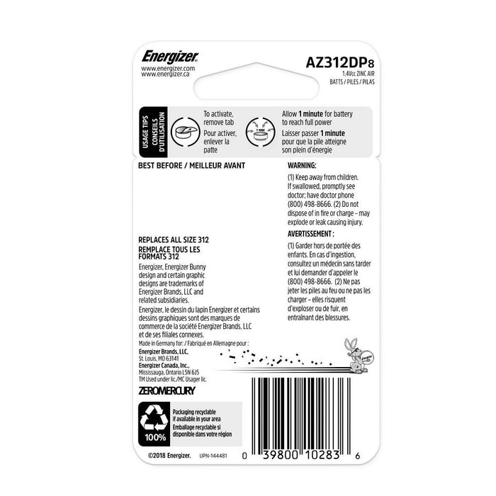 Energizer 8pk 312 Hearing Aid Batteries Brown
