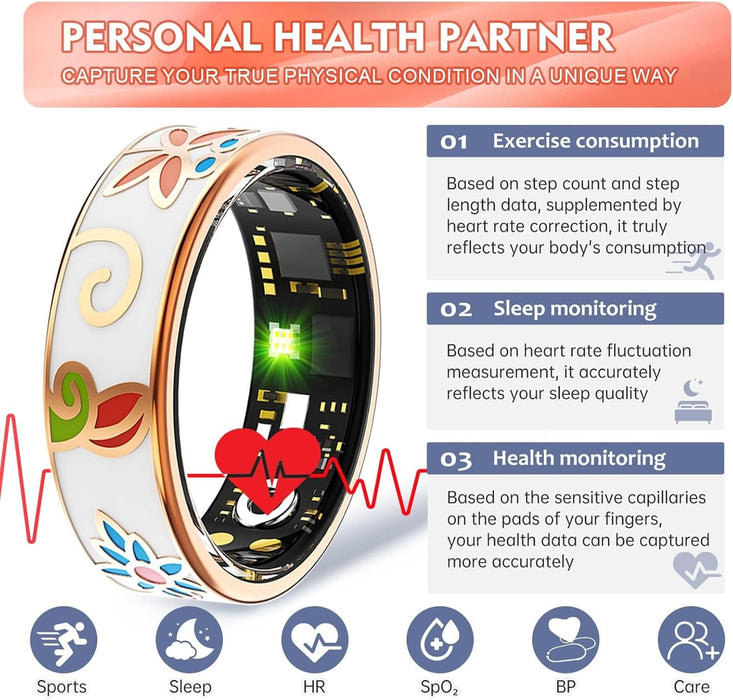 FLORAL Enamel Smart Health Ring - Track Heart Rate,Sleep, Activity Trends SZ: 7