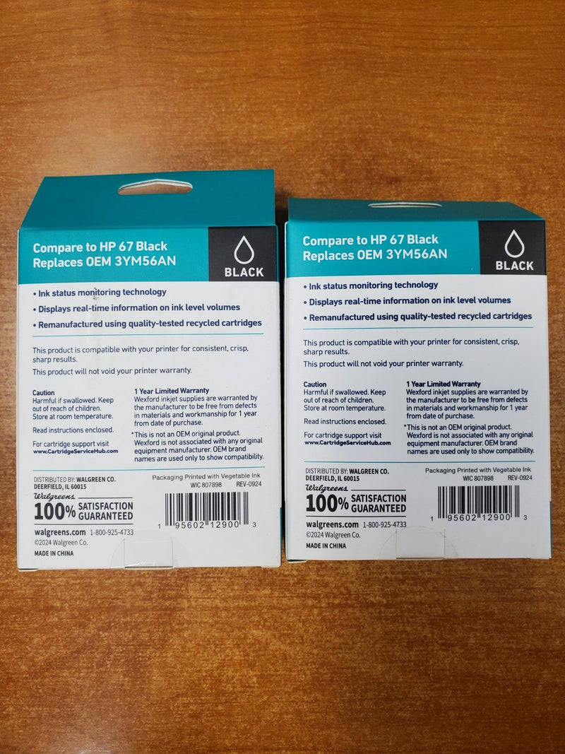 2 Pack: Wexford 67 Remanufacture Inkjet Cartridges Replaces HP 67 *Black* - E15D