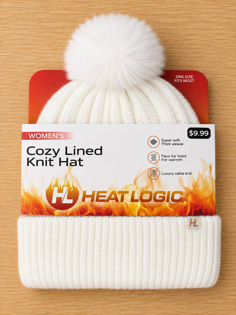 Heat Logic Cozy Lined Knit Hat Beanie Womens One Size Pink Color Pom Winter Warm