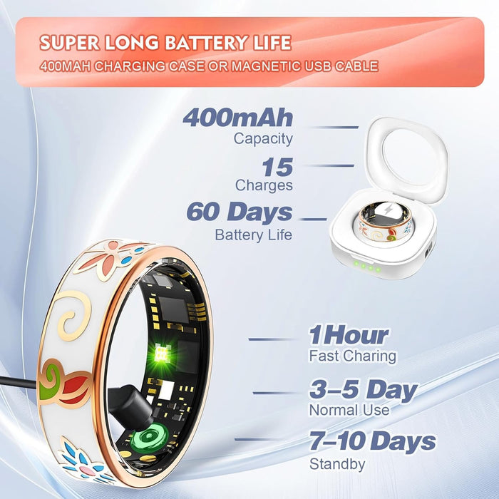 FLORAL Enamel Smart Health Ring - Track Heart Rate,Sleep, Activity Trends SZ: 7