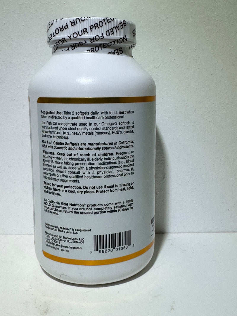 California Gold Omega-3 Fish Oil 240 Ct Fish Gelatin 180 mg EPA 120 mg DHA 10/27