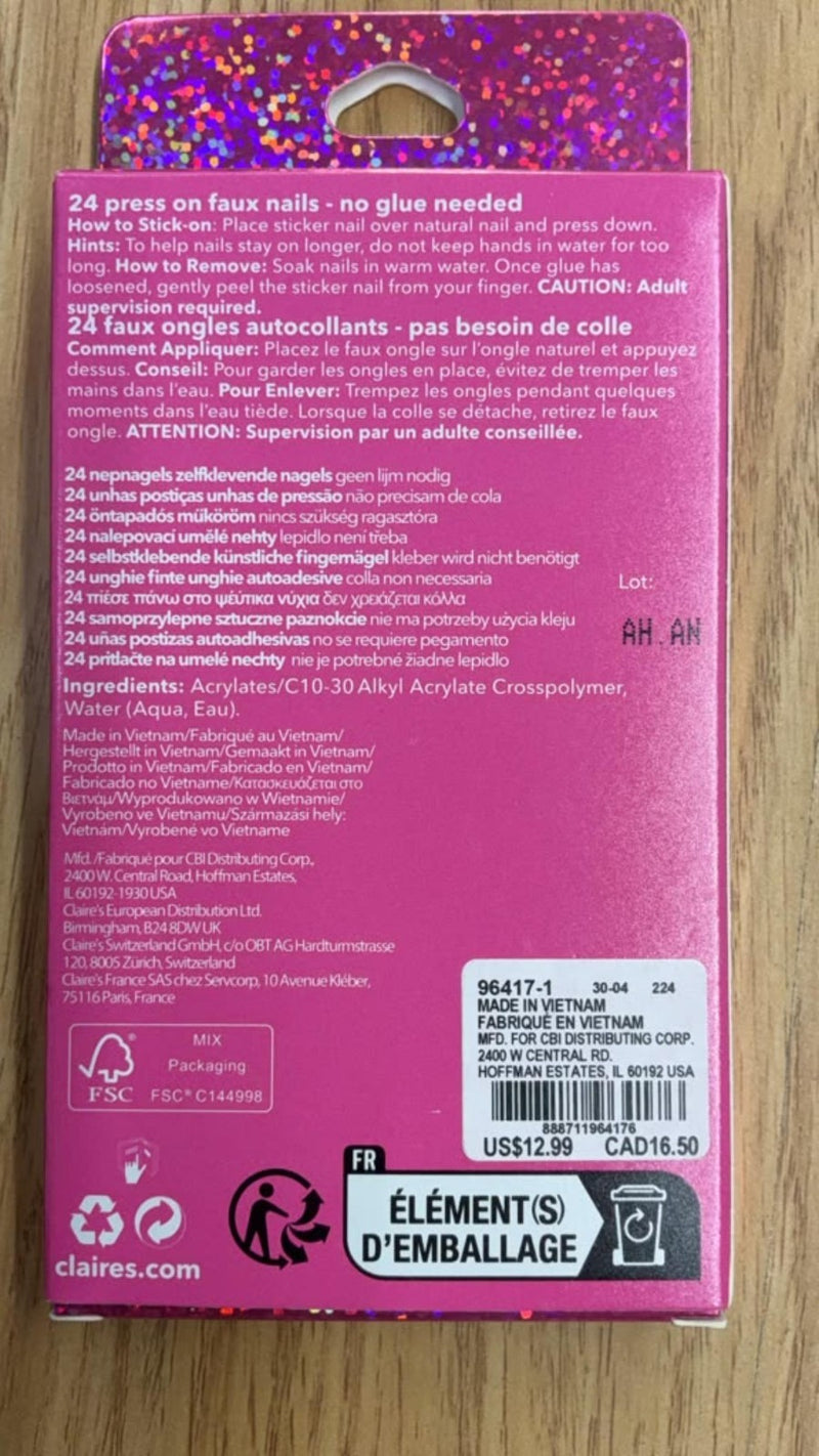 Claire's Vegan Press On Nails Purple Heart French Tip 24 Ct Self Adhesive New