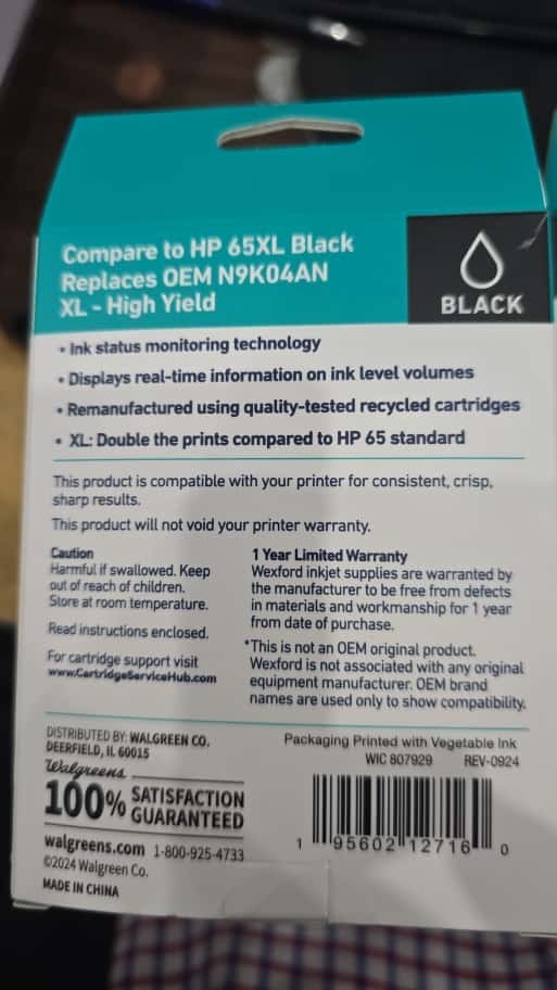 Wexford Inkjet Print Cartridge OEM N9K04AN 65XL Black