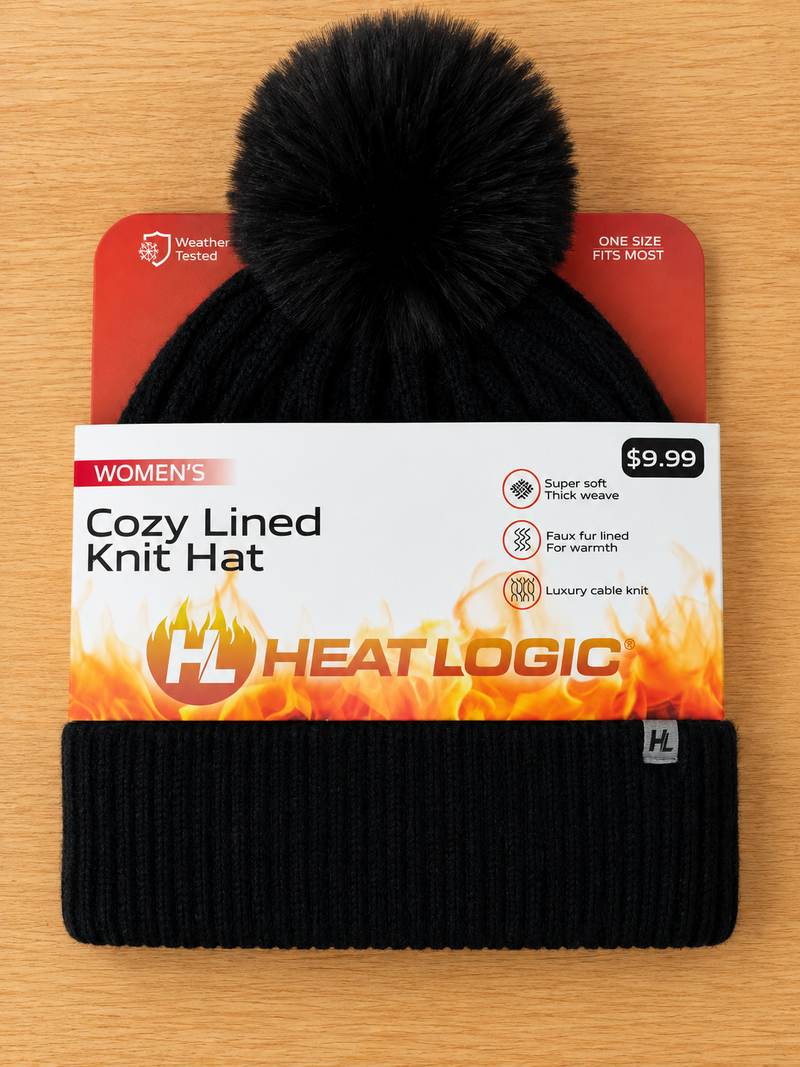Heat Logic Cozy Lined Knit Hat Beanie Womens One Size Pink Color Pom Winter Warm