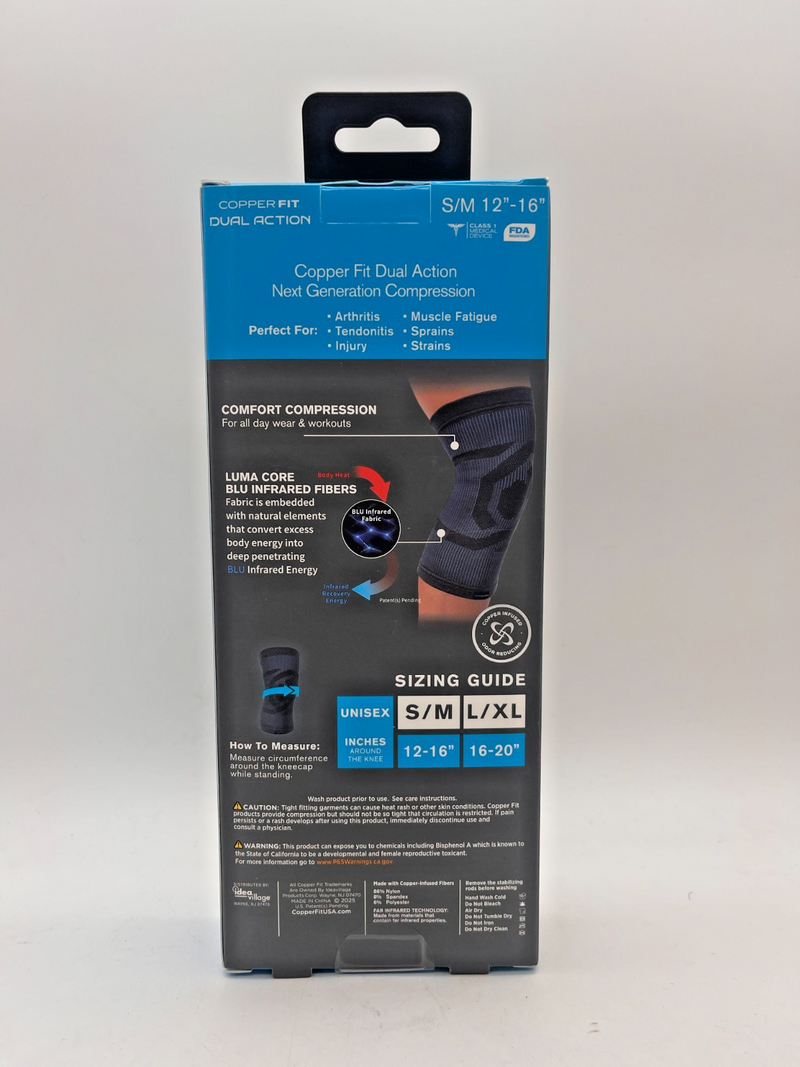 COPPER FIT DUAL ACTION COMPRESSION KNEE SLEEVE S/M 12" x 16" NEW IN BOX