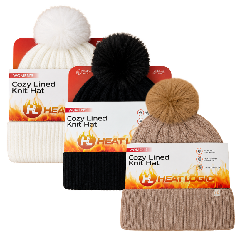 Heat Logic Cozy Lined Knit Hat Beanie Womens One Size Pink Color Pom Winter Warm
