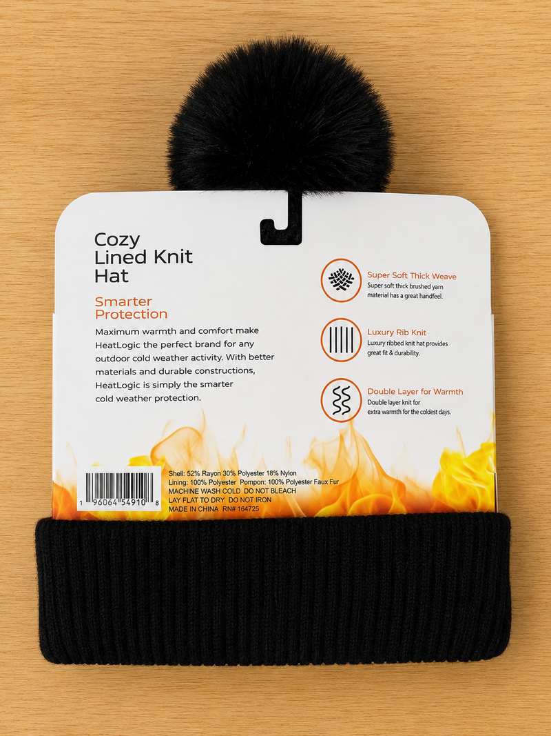 Heat Logic Cozy Lined Knit Hat Beanie Womens One Size Pink Color Pom Winter Warm