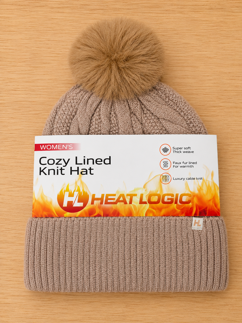 Heat Logic Cozy Lined Knit Hat Beanie Womens One Size Pink Color Pom Winter Warm