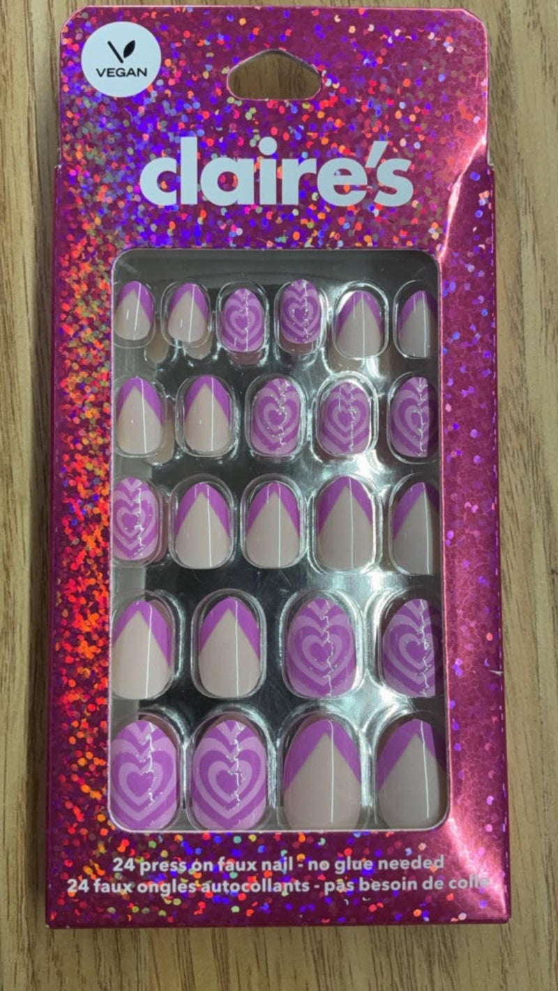 Claire's Vegan Press On Nails Purple Heart French Tip 24 Ct Self Adhesive New