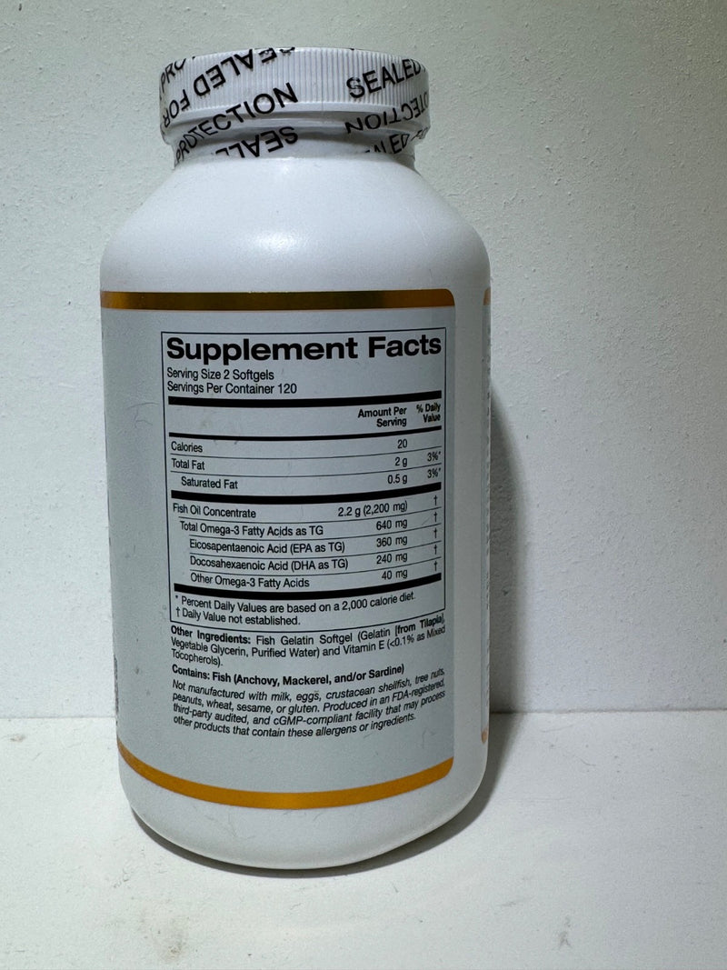 California Gold Omega-3 Fish Oil 240 Ct Fish Gelatin 180 mg EPA 120 mg DHA 10/27