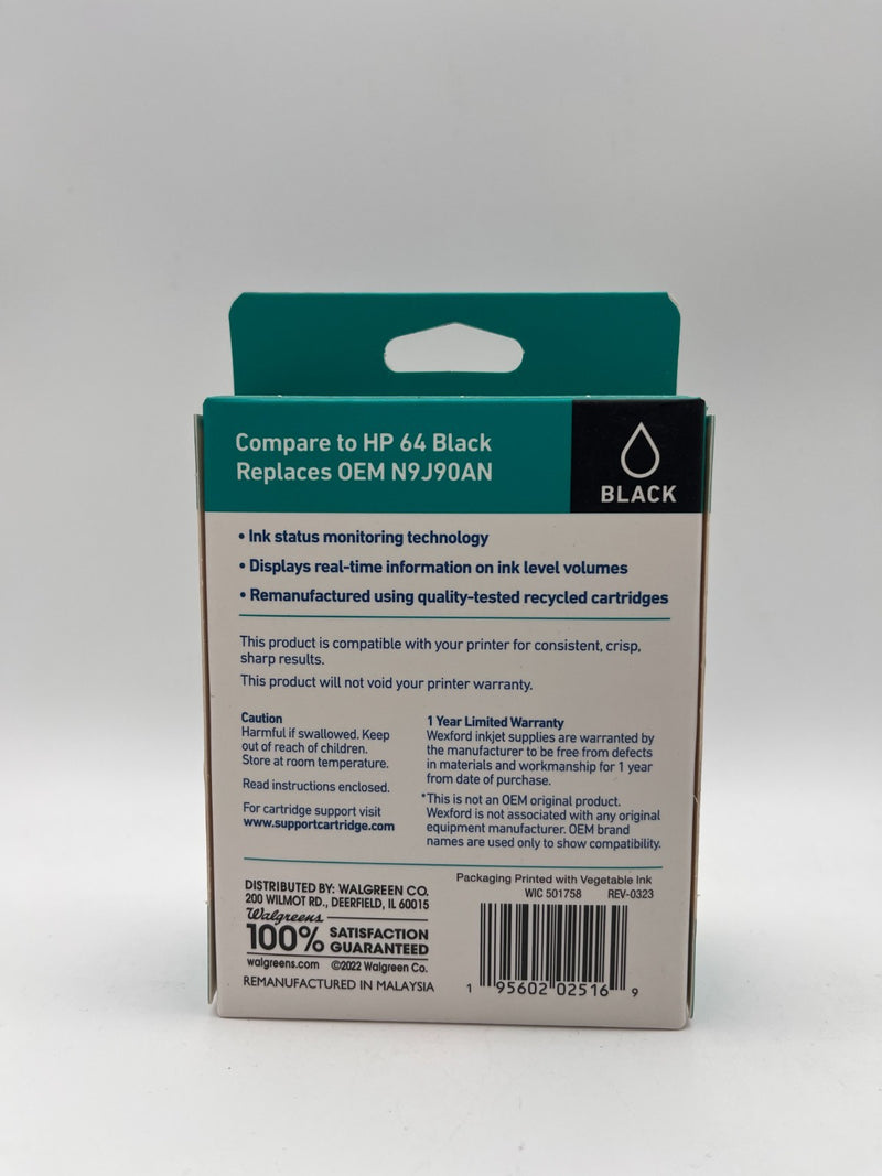 WEXFORD INKJET CARTRDIGES REPLACES HP 64 BLACK INK SEALED MR 124