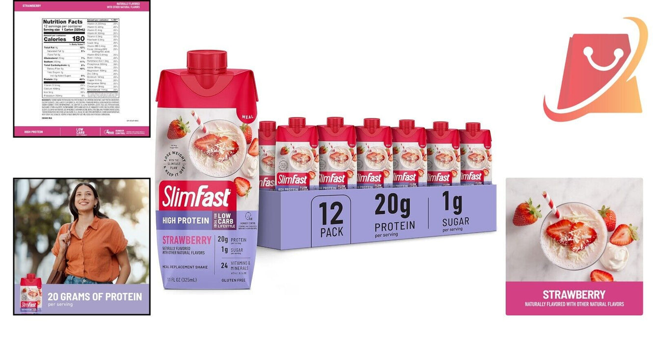 Meal Replacement Protein Shake, Strawberry Flavor, 12 Pack with 24 Vitamins