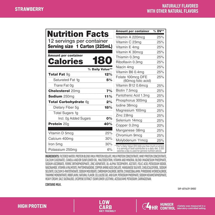 Meal Replacement Protein Shake, Strawberry Flavor, 12 Pack with 24 Vitamins