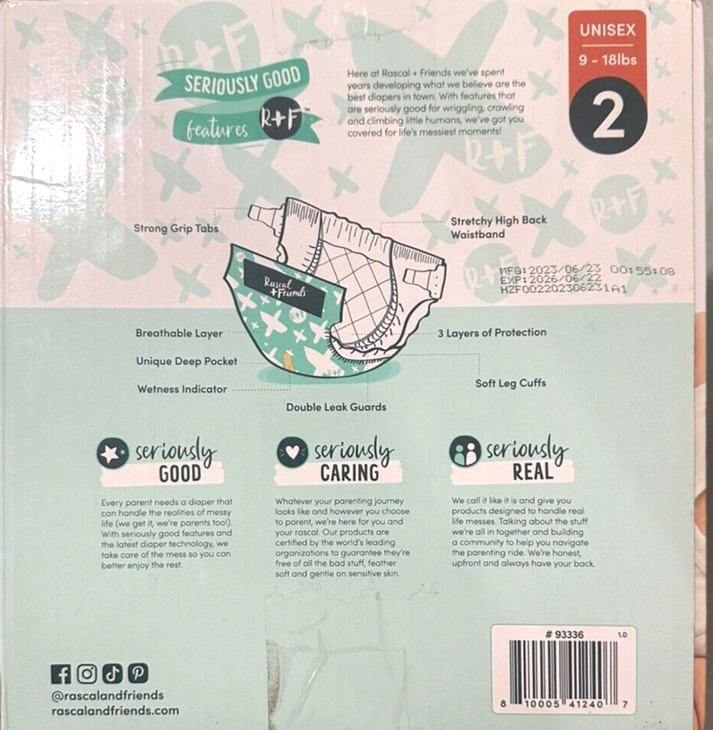 Rascal + Friends Premium Diapers Size 2, 96 Count/NEW
