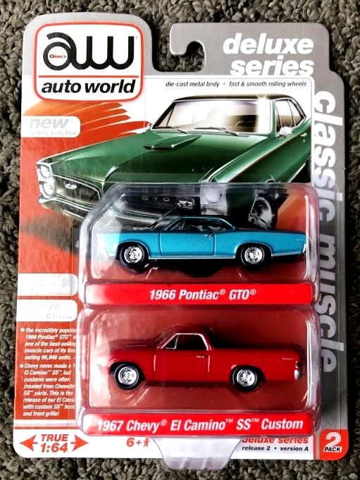 Auto World Deluxe Muscle 1967 Chevy El Camino SS & 1966 Pontiac GTO Toy 1:64 2pk