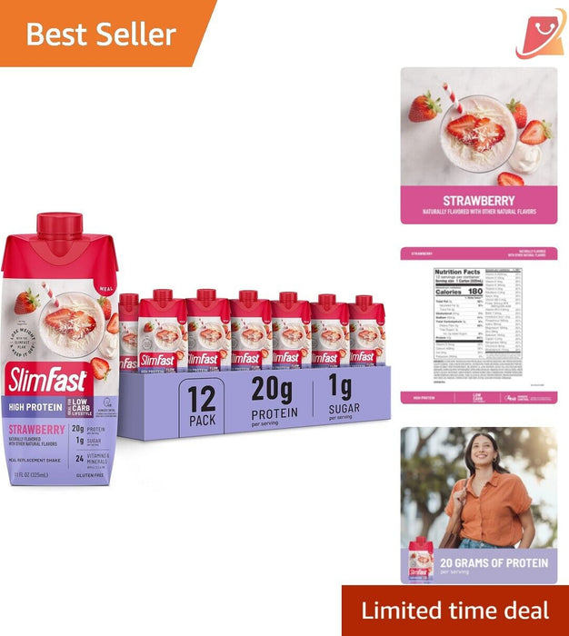 Meal Replacement Protein Shake, Strawberry Flavor, 12 Pack with 24 Vitamins