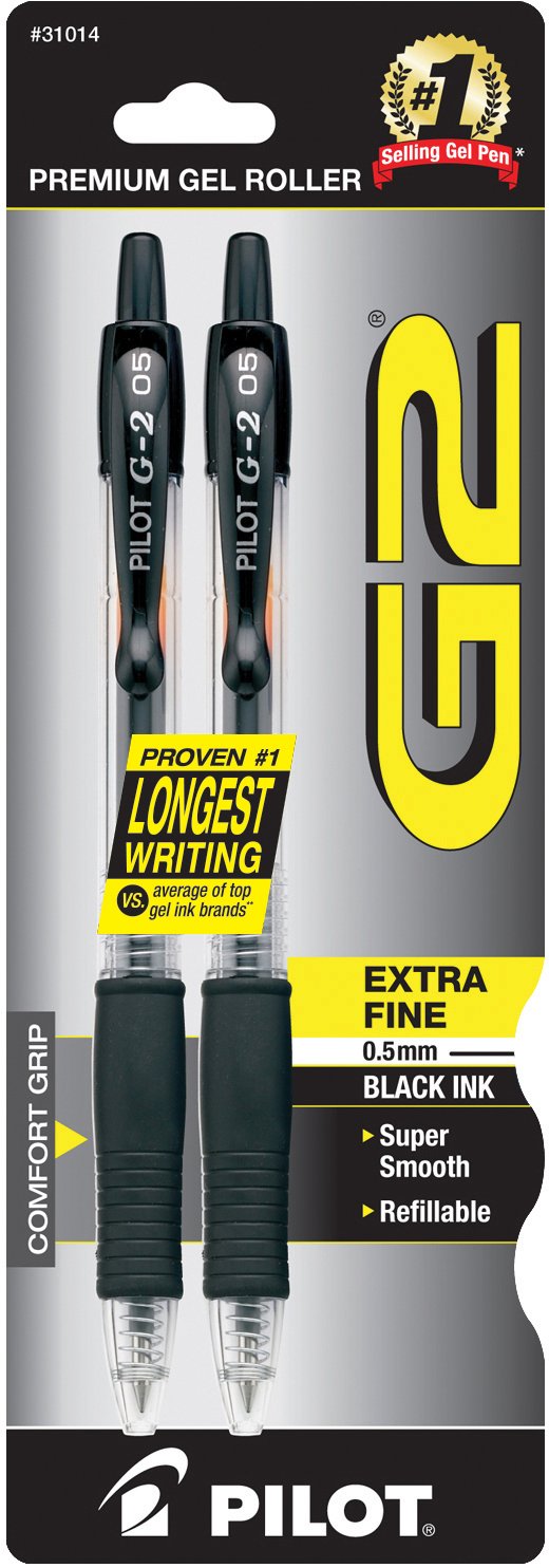 Pilot, G2 Premium Gel Roller Pens, Extra Fine Point 0.5 Mm, Pack Of 2, Black