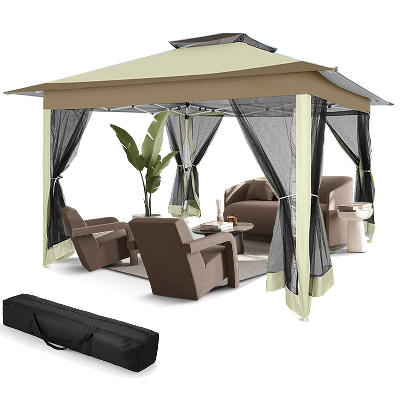 HOTEEL Pop Up Gazebo 10X10 Outdooor Gazebo With Mosquito Netting Patio Gazebo Tent With Sidewalls For Garden, Camping, Parties, Backyard With Vented Top, Storage Bag, Sandbags(Upgraded, Khaki) (LOCAL PICKUP ONLY)