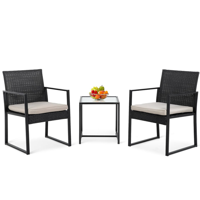 3 Piece Rattan Set Wicker Bistro Sets Patio Furniture Set With Tempered Glass Coffee Table And Chairs Conversation Outdoor Furniture Sets With Cushions For Patio Lawn Garden Balcony Poolside, Black (LOCAL PICKUP ONLY)