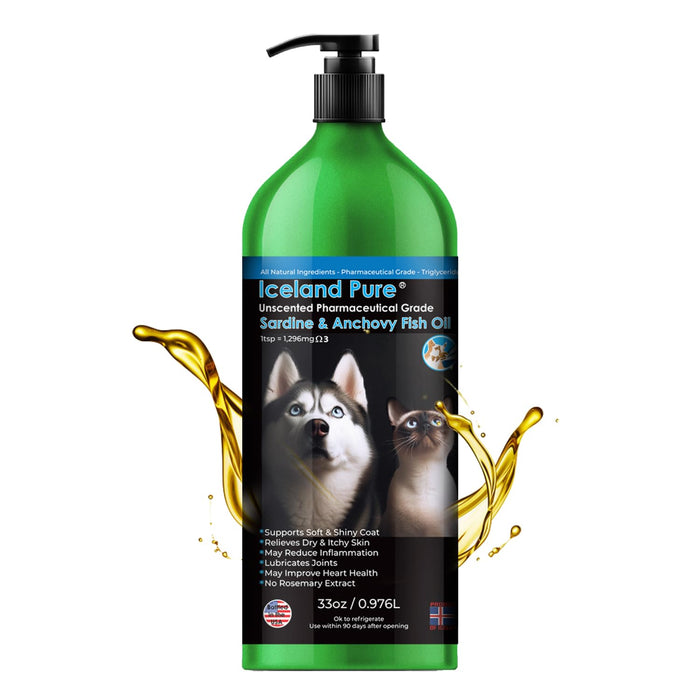 Sardine Anchovy Oil | 1296Mg Omega | Unscented Pharmaceutical Grade | For Dogs & Cats | BPA-Free Brushed Aluminum Epoxy Coated Bottle With Pump 33 OZ