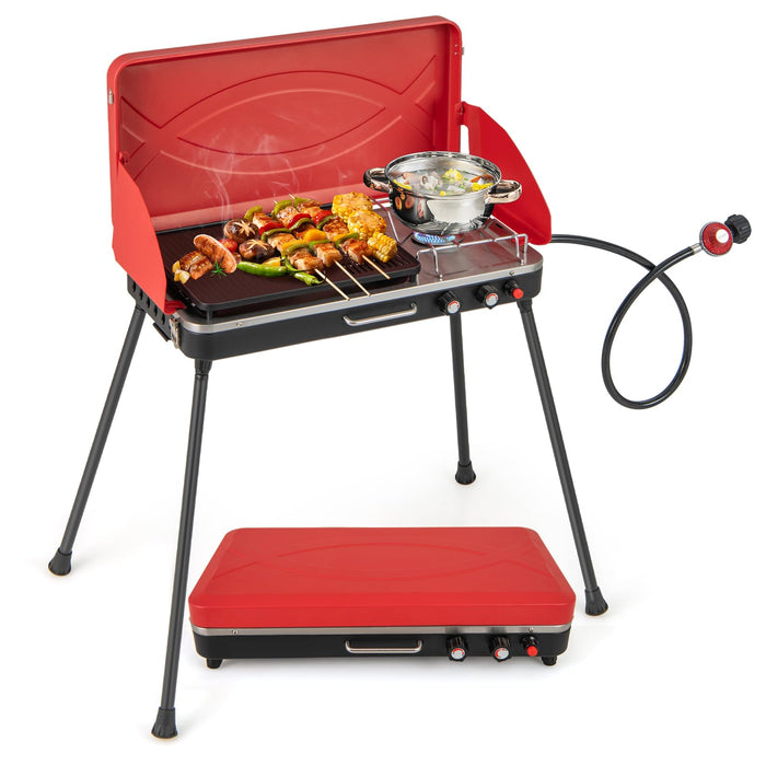 Giantex Portable Propane Grill & Camping Stove, 20,000 BTU Gas Camping Grill Burner, Independent Temperature Control, 3-Sided Wind Guard, Detachable Legs, For BBQ, Tailgating, Outdoor Cooking (Red) (LOCAL PICKUP ONLY)