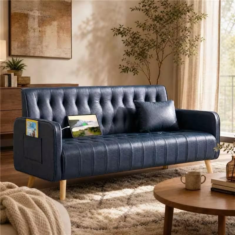 CHYMSUN 57” Faux Leather Loveseat Sofa, Small Tufted Couch (1, Blue) (LOCAL PICKUP ONLY)