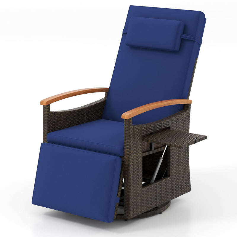 Tangkula Patio Rattan 360 Degree Swivel Recliner Chair, Wicker Lounge Chair W/Adjustable Backrest & Footrest, Cushioned Push Back Reclining Seat W/Flip Side Table For Porch, Yard, Lawn (1, Navy) (LOCAL PICKUP ONLY)
