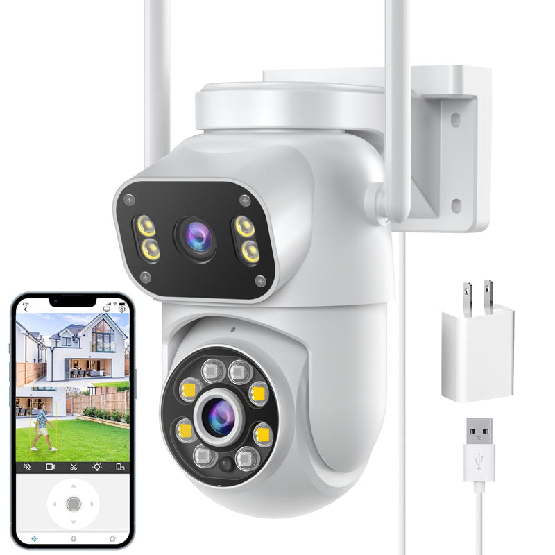 Wireless Dual Lens Surveillance Security Camera Outdoor Indoor, 2.4Ghz Wifi PTZ Camera For Home Security, Color Night Vision, Human Detection & Autotracking, Two Way Audio, Waterproof, SD Slot