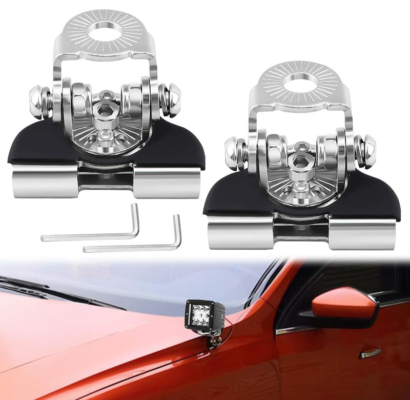 Universal LED Light Bar Mounting Brackets, Hood Mount Brackets A Pillar Hood Clamp Work Light Holder 304 Stainless Steel For Off Road Car Jeep Truck SUV 2PCS