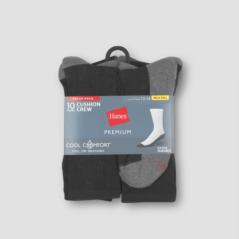 Men's Hanes Premium 10Pk Extended Size Black Crew Socks