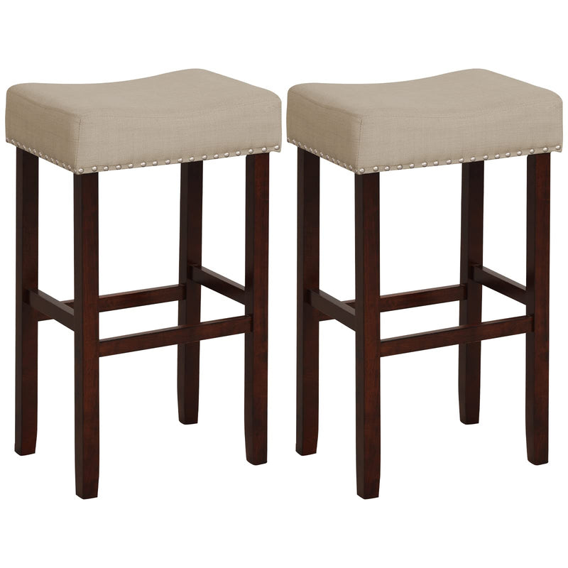 Giantex 29.5" Bar Height Bar Stools Set Of 2 - Backless Saddle Barstools With Nailhead Linen Foam Seat, Max Load 330 Lbs Wood Bar Stools With Foot Rest For Kitchen Island, Khaki (LOCAL PICKUP ONLY)