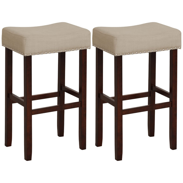 Giantex 29.5" Bar Height Bar Stools Set Of 2 - Backless Saddle Barstools With Nailhead Linen Foam Seat, Max Load 330 Lbs Wood Bar Stools With Foot Rest For Kitchen Island, Khaki (LOCAL PICKUP ONLY)