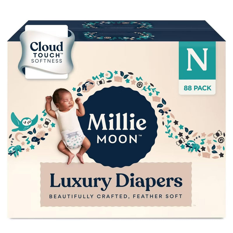 Millie Moon Luxury Diapers - Size Newborn (<9Lbs), 88 Count, Cloudtouch Ultra Soft Diapers, Up To 12Hr Absorbency, Double Leak Guard And Wetness Indicator