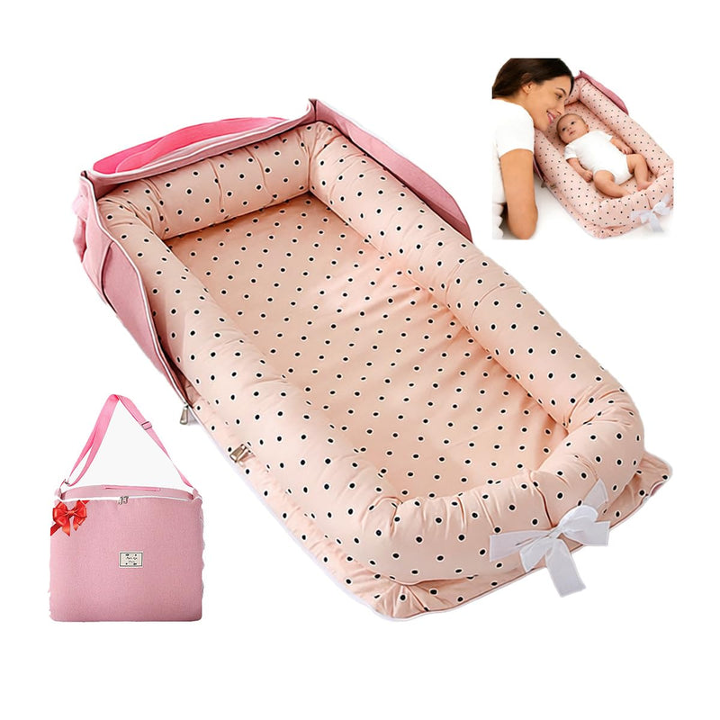 Loevin Baby Lounger For Newborn Portable Bag,Baby Nest Play Gym Mat With Strap,Newborn Lounger Adjustable Size & Inner Zipper Lengthen Space To 24 Months(Pink Polka Dots)