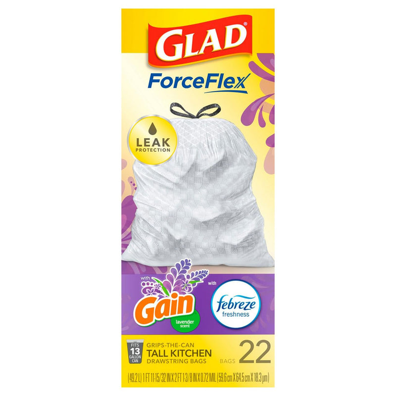 Glad, Forceflex Gain Lavender Scent 13 Gallon Drawstring Trash Bags, 22 Count