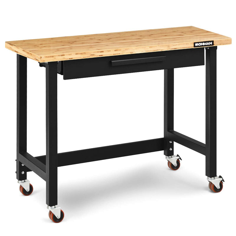 Goplus 48" Mobile Workbench, Bamboo Tabletop Workstation With Two Lockable Casters, Sliding Organizer Drawer, Weight Capacity 500 Lbs, Multipurpose Worktable (LOCAL PICKUP ONLY)