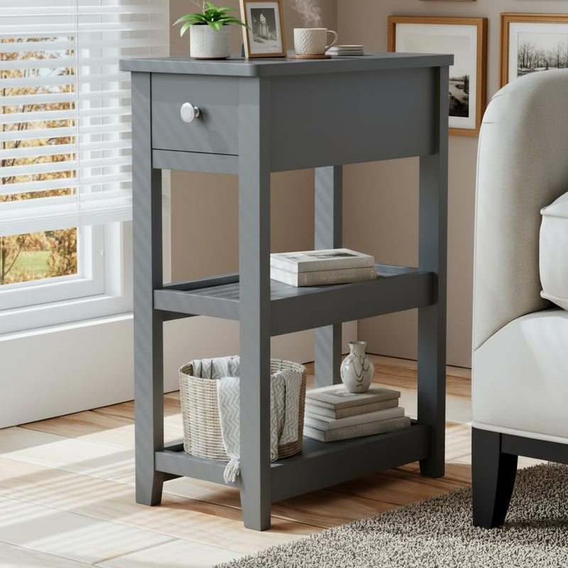 SEJOV Narrow Side Table, Small Grey End Table With Drawer And 2 Shelves (LOCAL PICKUP ONLY)
