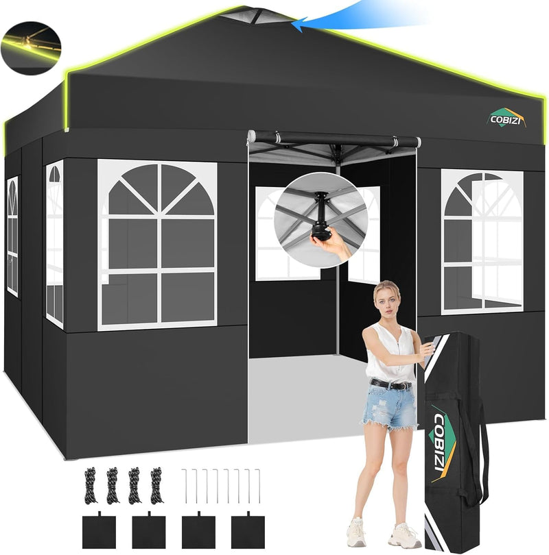 COBIZI 10X10 Pop Up Canopy - One Push Setup Tent, Glow Strips, 4 Sidewalls (LOCAL PICKUP ONLY)