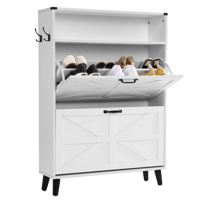 Elifine Shoe Storage Cabinet With 2 Flip Drawers, Farmhouse Shoe Cabinet With Open Storage For Entryway, Freestanding Hidden Slim Narrow Shoe Rack Cabinet For Hallway, Closet, Living Room (Pure White) (LOCAL PICKUP ONLY)