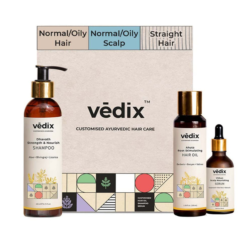 Vedix Ayurvedic Hair Oil, Shampoo, And Serum Set For Normal-Oily Straight Hair - 3 Product Set, Herbal Scent, Natural Material Feature, Silicone, Paraben And Sulphate Free