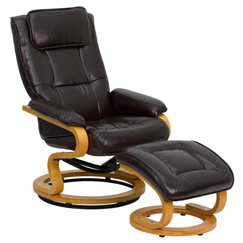 Flash Furniture Davies Contemporary Adjustable Recliner And Ottoman With Swivel Maple Wood Base In Brown Leathersoft (LOCAL PICKUP ONLY)