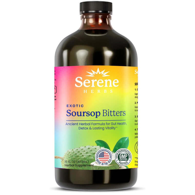 Serene Herbs Soursop Bitters Liquid With Soursop Leaves For Gut Cleanse, Detox & Immune Boost With Black Seed, Moringa, Irish Moss, Ashwaganda, Turmeric, 16 Fl Oz (16 Fl, Soursop)