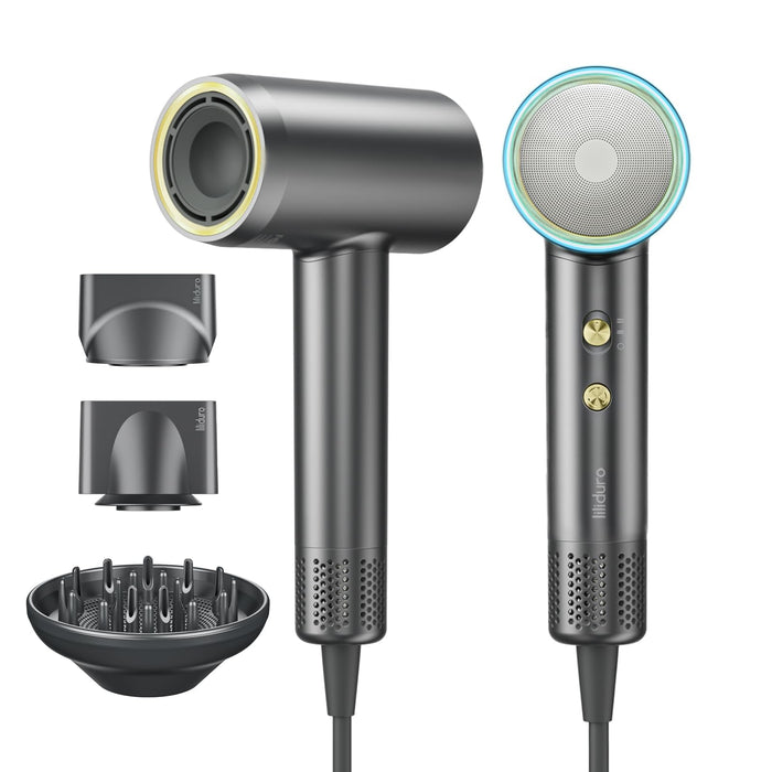 Hair Dryer High Speed Ionic, 110000 RPM Travel Blow Dryer Quiet Intelligent Heat Control Fast Drying 1400W Brushless Motor With Diffuser 2 Nozzles, 3 Temps & 2 Speeds(Graphite)