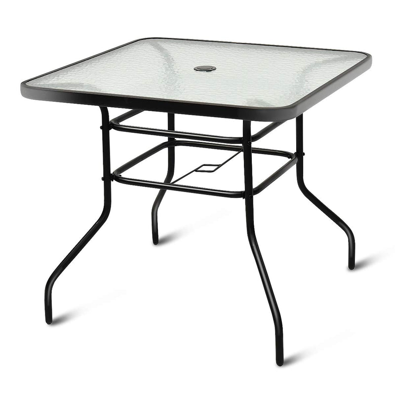 Tangkula 32" Square Outdoor Dining Table With Tempered Glass Top, Outside Bistro Table With 2" Umbrella Hole & Metal Frame, Patio Dining Table For Backyard, Lawn, Deck & Poolside (LOCAL PICKUP ONLY)