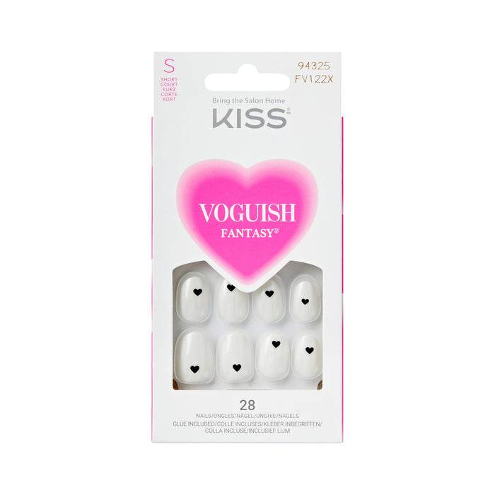 KISS Voguish Fantasy Valentine’S Day Press On Nails, White, Short Oval, ‘It's Love’, Pink Gel Nail Glue (2G), Mini Nail File, Manicure Stick, & 28 Fake Nails